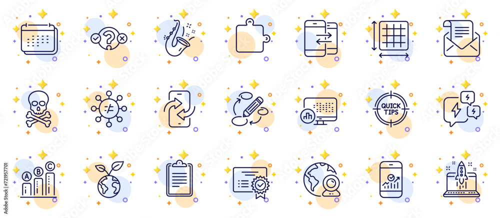 Fototapeta premium Outline set of Graph chart, Tips and Calendar line icons for web app. Include Discrimination, Square area, Clipboard pictogram icons. Mail newsletter, Start business, Report statistics signs. Vector