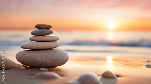 For sunrise light meditation and relaxation  zen stones are balanced on the beach.