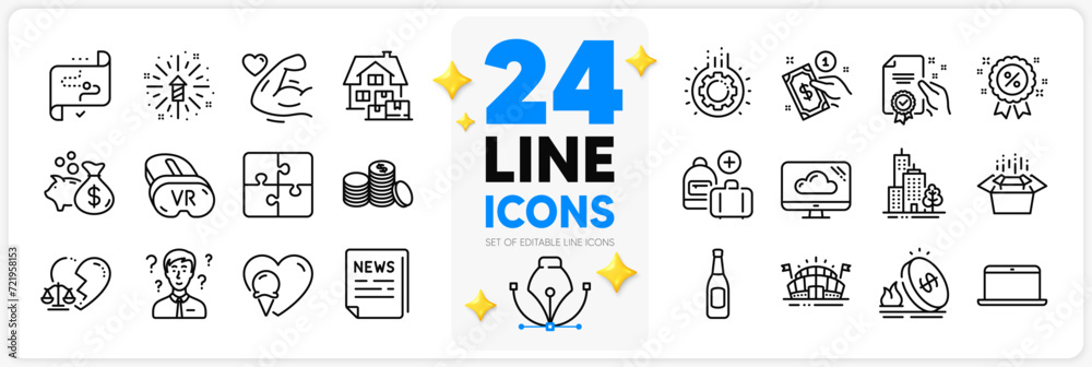 Icons set of Loan, Ice cream and Vr line icons pack for app with Certificate, Gas price, Discount thin outline icon. Fireworks explosion, Divorce lawyer, Beer pictogram. Strong arm. Vector