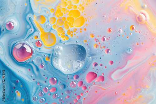 Abstract liquid withsmall beautiful acrylic bubbles and oil drops floating on the surface photo