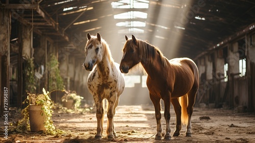 Captured in a rustic stable bathed in soft sunlight, two majestic horses stand side by side, embodying a sense of calm strength and companionship. photo