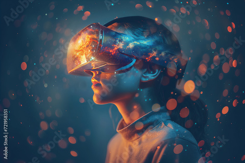 a double exposure profile of a person in modern sleek metallic VR headset, universe futuristic world with planets and galaxies. Virtual Reality theme.