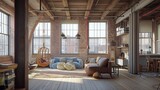 Rustic Industrial Loft brick walls and salvaged wooden beams infuse raw character into this open-plan loft. Large windows flood the space vintage industrial furniture and metallic accents.