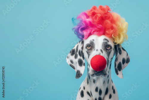 Dalmatian dog with clown multicolor wig. AI generative art 