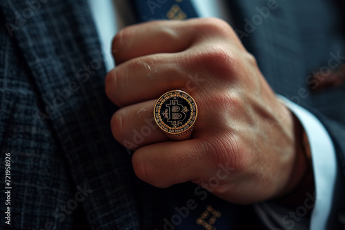 A close-up captures a businessman's hand elegantly adorned with a prominent Bitcoin symbol ring, seamlessly blending traditional attire with cryptocurrency flair.