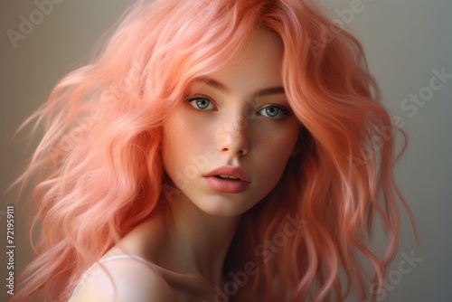 Close up portrait of beautiful young woman with peach colored loose hair over blurred background