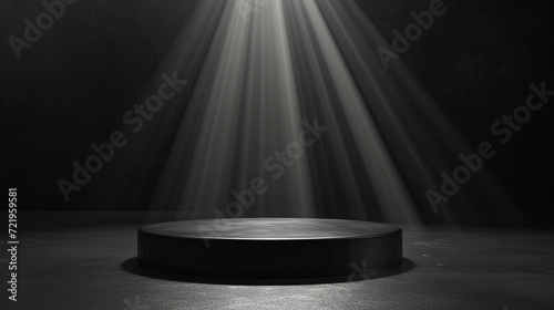 Abstract black stage with one round podium in light beam with light spot mockup for presentation cosmetic products, goods, advertising, design in soft gradient. Made with generative ai