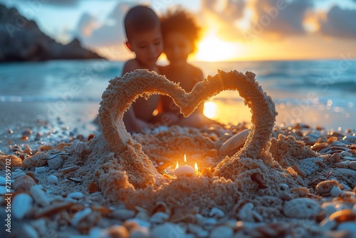 Family crafting a heart-shaped sandcastle on a sunny beach photo