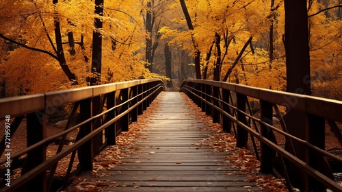 In the yellow forest, there is a bridge made of wood in autumn © Elchin Abilov