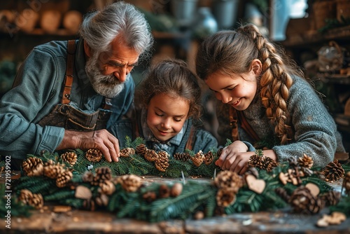 Family crafting a heart-shaped wreath using recycled materials