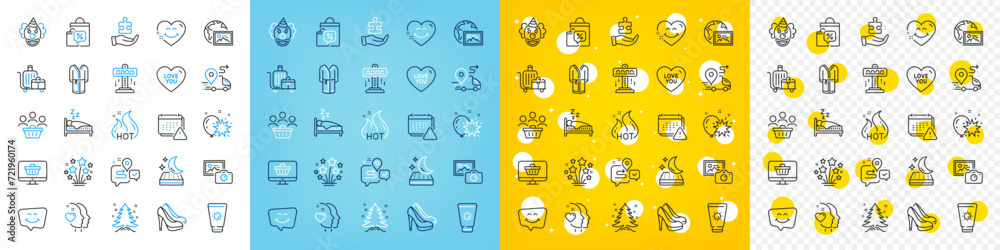 Vector icons set of Buyers, Puzzle and Attraction line icons pack for web with Clown, Hot sale, Smile chat outline icon. Love you, Sunscreen, Christmas tree pictogram. Sleep. Vector
