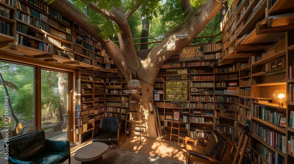 Treehouse Library whimsical treehouse library. Bookshelves crafted from reclaimed wood line the walls, reaching up to the leafy canopy overhead. cozy reading nooks tucked amongst the branches