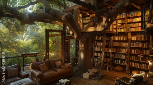 Treehouse Library whimsical treehouse library. Bookshelves crafted from reclaimed wood line the walls, reaching up to the leafy canopy overhead. cozy reading nooks tucked amongst the branches