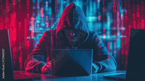 The hacker is trying to get confidential information. Cyber attack on the payment system. Cyber crime concept. Identity theft. Hacking a computer program   photo