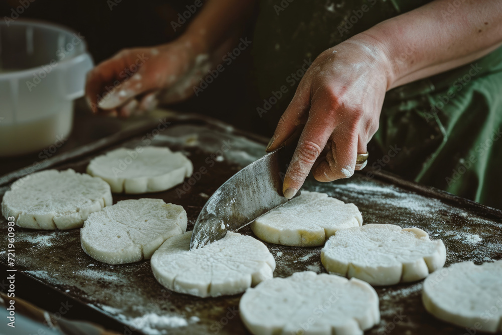 A woman cuts dough on a baking sheet. A woman cuts dough on a baking sheet.