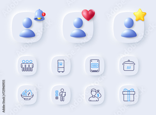 Boiling pan, Friendship and Salary line icons. Placeholder with 3d bell, star, heart. Pack of Refrigerator, Salad, Ssd icon. Voting ballot, Gift box pictogram. For web app, printing. Vector