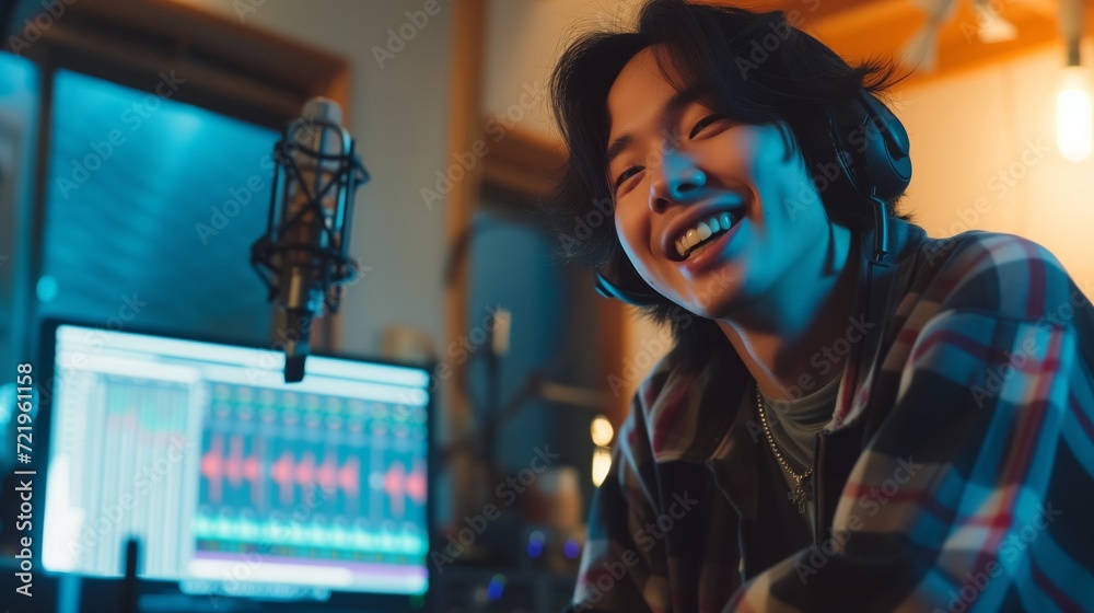 Young handsome Asian rapper smile at sound engineer studio