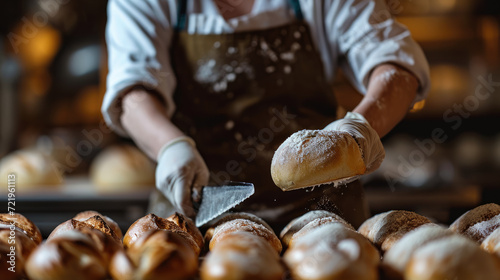 A woman cuts freshly baked bread on a wooden table in a bakery.