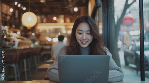 Young Asian woman using laptop working at a coffee shop happy and smile.