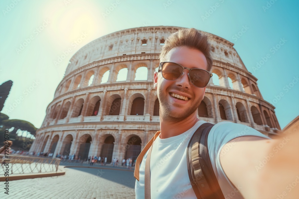 Roman Holiday: Cheerful Young Tourist Taking a Selfie at the Colosseum