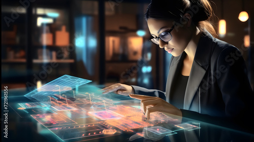 Businesswoman using tablet PC with high tech hologram in a dark office, future technology concept. © mitrovix