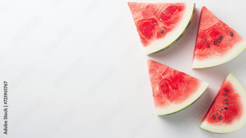 Slices of watermelon on a white background with a minimalist design, space for text Slices of watermelon on a white background with a minimalist design, space for text