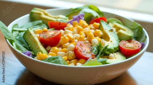 Fresh vegetable salad with avocado, tomatoes, and corn in a ceramic bowl.