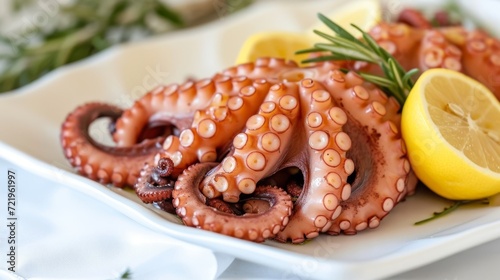 Grilled octopus with lemon and rosemary on a white plate.