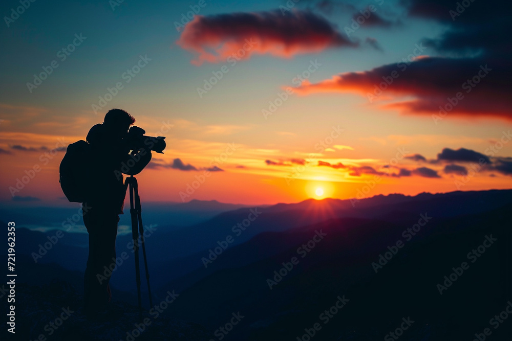 Silhouette of photographer with camera on mountain peak at sunset, Generative Ai