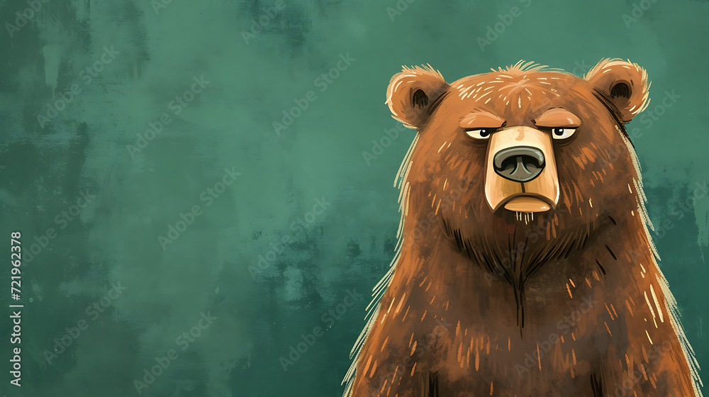 This grumpy yet lovable bear stands on a serene forest green background. - obrazy, fototapety, plakaty 