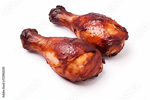 Barbecue-grilled chicken drumsticks expertly showcased against a pristine white background photo