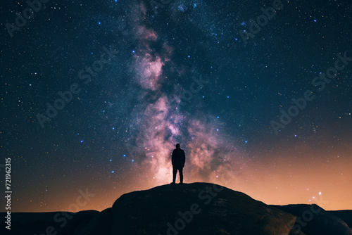 Silhouette of photographer with camera on top of mountain and milky way, Generative Ai