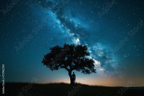 Silhouette of photographer with camera on top of mountain and milky way  Generative Ai