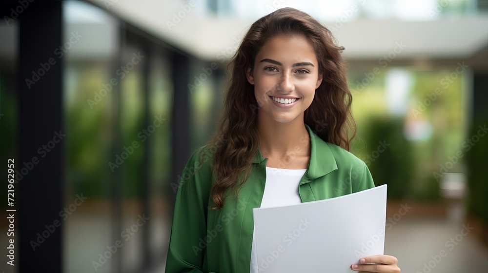 The portrait depicts a young woman holding a document against a green wall while she is engaged in a school lesson. The portrait depicts a young woman holding a document against a green wall while she is engaged in a school lesson.