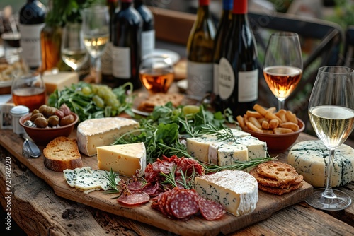 Friends gathering for a virtual wine tasting night with heart-shaped cheese platters