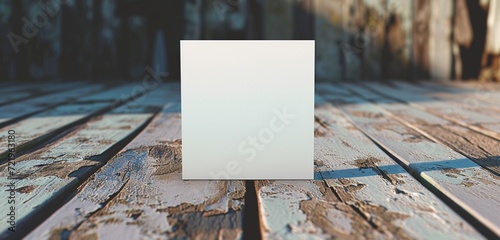White card standing on a square wooden table, distressed paint.