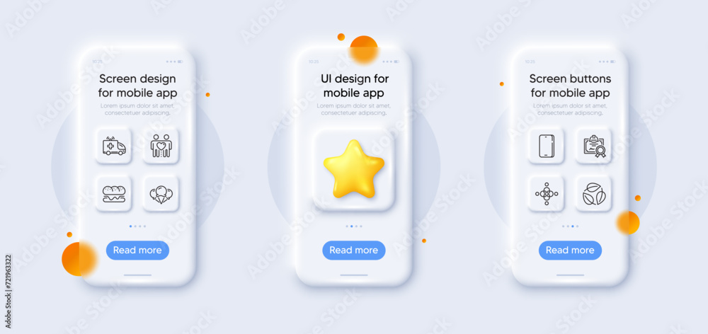 Ambulance car, Burger and Certificate line icons pack. 3d phone mockups with star. Glass smartphone screen. Friends couple, Leaves, Inclusion web icon. Phone, Ice creams pictogram. Vector Ambulance car, Burger and Certificate line icons pack. 3d phone mockups with star. Glass smartphone screen. Friends couple, Leaves, Inclusion web icon. Phone, Ice creams pictogram. Vector