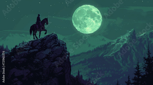 Horse riding on blue mountain with full moon moonscape painting.