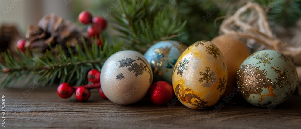 Colorfully painted Easter quail eggs lie chaotically on fir branches, showcasing intricate floral patterns and bright spring colors in a festive arrangement. Easter concept. Banner. Colorfully painted Easter quail eggs lie chaotically on fir branches, showcasing intricate floral patterns and bright spring colors in a festive arrangement. Easter concept. Banner.