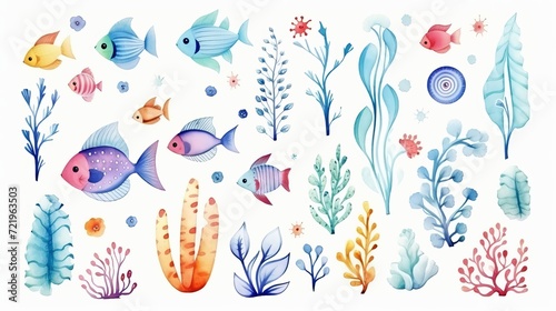 The underwater world is depicted on a white background with hand drawn watercolor.