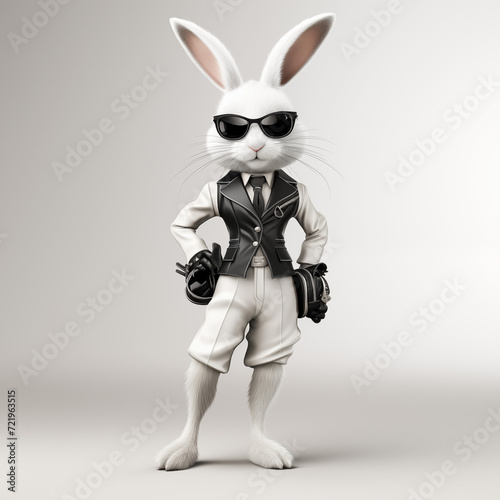 Elegant and stylish rabbit with leather vest and sunglasses on a bright background © Catalin