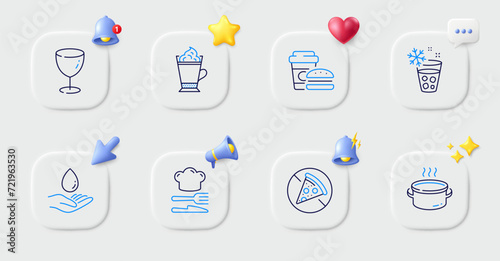 Saucepan, Latte coffee and Fast food line icons. Buttons with 3d bell, chat speech, cursor. Pack of Water care, Food, Glass icon. Ice maker pictogram. For web app, printing. Vector
