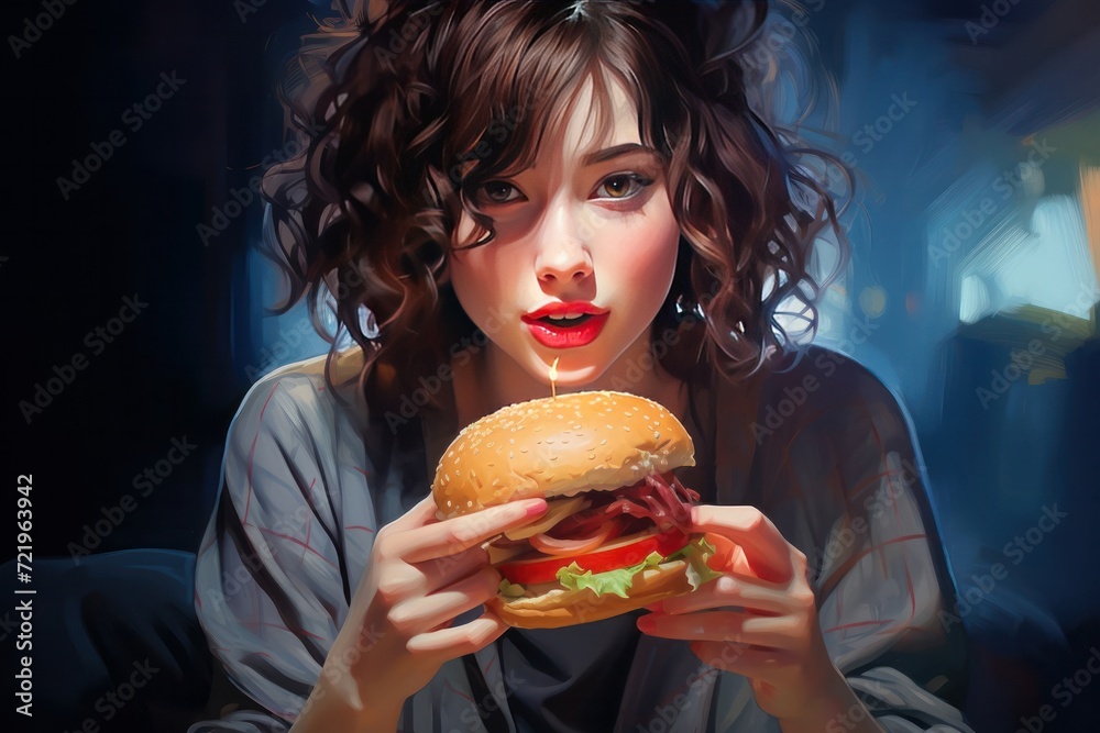 Beautiful girl with a burger. Attractive girl eats fast food, holds a burger in her hand. Unhealthy food concept Beautiful girl with a burger. Attractive girl eats fast food, holds a burger in her hand. Unhealthy food concept
