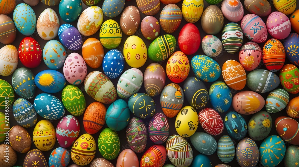 Easter eggs, each egg featuring its own unique pattern and color, creating a vibrant mosaic, background with copy space. This colourful eggs in red, blue, yellow tones creates a festive atmosphere Easter eggs, each egg featuring its own unique pattern and color, creating a vibrant mosaic, background with copy space. This colourful eggs in red, blue, yellow tones creates a festive atmosphere