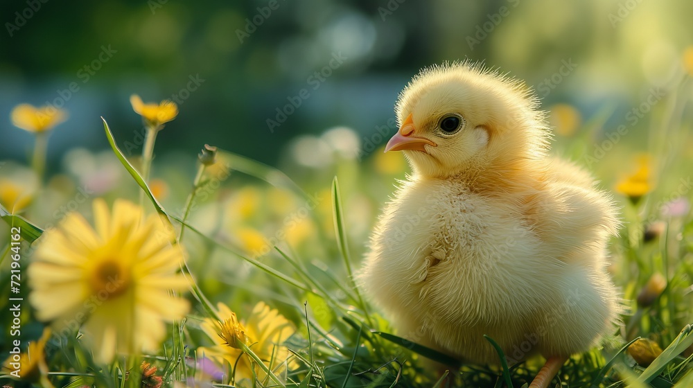 A little yellow Chicken runs on the green grass. A baby chicken runs in the grass. Copy space. High quality photo A little yellow Chicken runs on the green grass. A baby chicken runs in the grass. Copy space. High quality photo