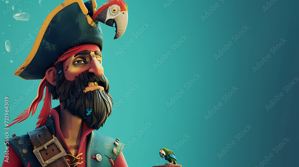 Fototapeta premium A fearless pirate posing with a colorful parrot against a vibrant teal backdrop.