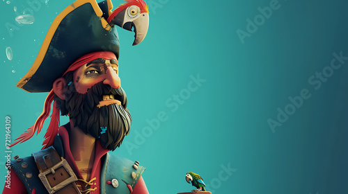 A fearless pirate posing with a colorful parrot against a vibrant teal backdrop. photo