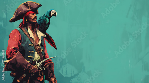 A fearless pirate posing with a colorful parrot against a vibrant teal backdrop. photo