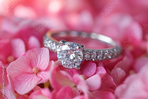 Diamond engagement ring on a pink floral background. Luxury female jewelry close up