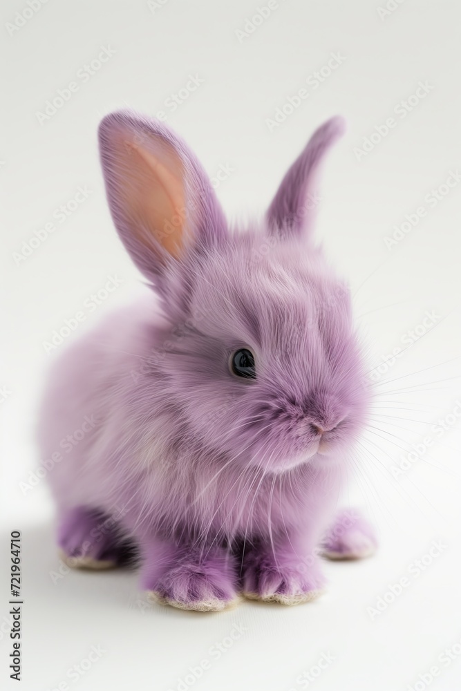 purple rabbit, a fluffy purple bunny sits on a white background, The bunny is torn from the background. Blank space for insertion. Easter bunny, hare. Easter holiday concept. vertical frame